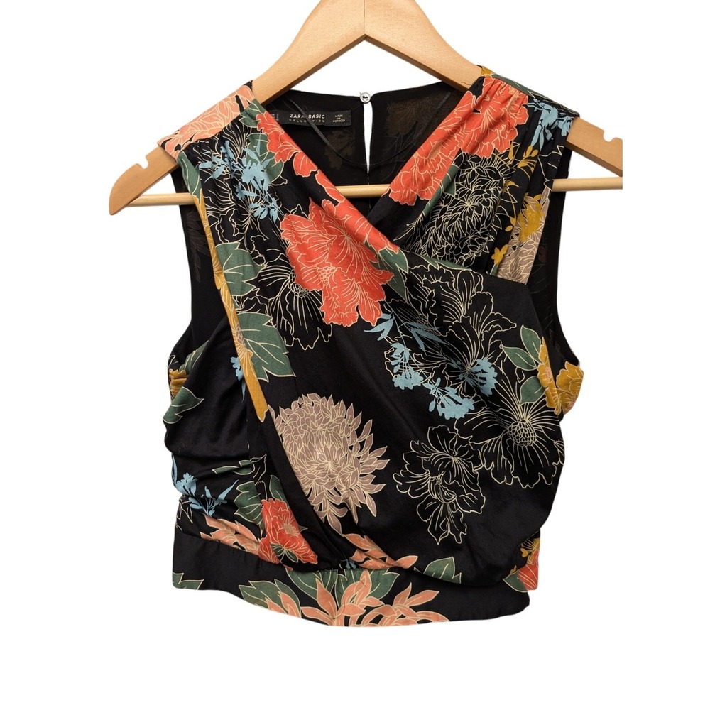 Zara Black Floral Surplice Sleeveless Blouse